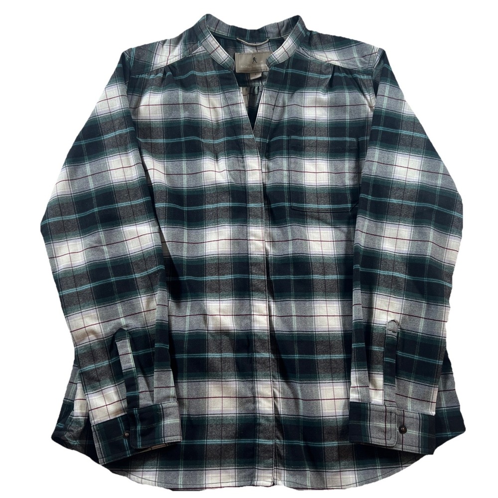 Royal‎ Robbins Shirt Womens L Green Plaid Flannel Snap Long Sleeve Merino Wool
